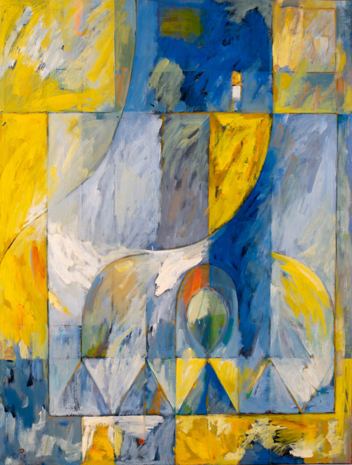 Cubist-style painting with outlined geometric shapes of blues and canary yellows