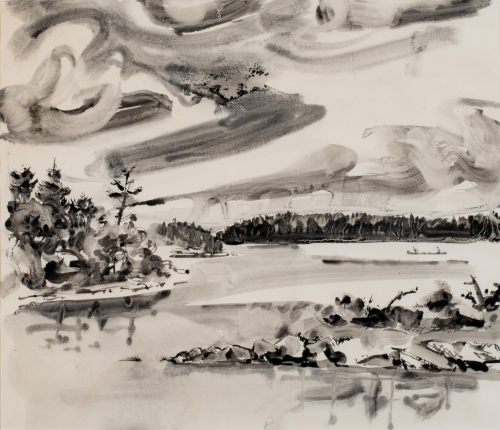 Loosely rendered, black and white painting of a waterfront, engulfed by trees