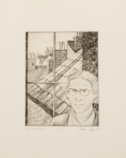 A portrait of a male with glasses (foreground, lower R) in front of a window with rooftops and chimneys in the background