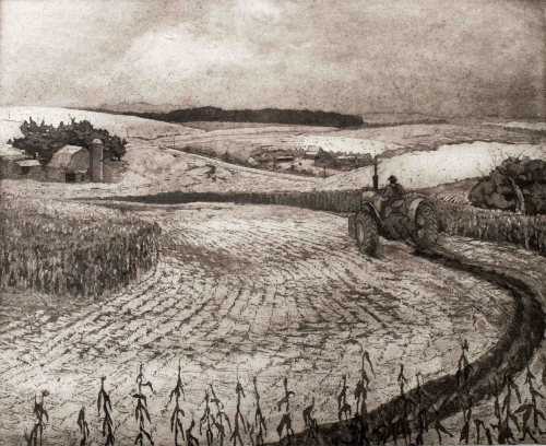 An etching in black white depicting a farmer on a tractor in a field. 