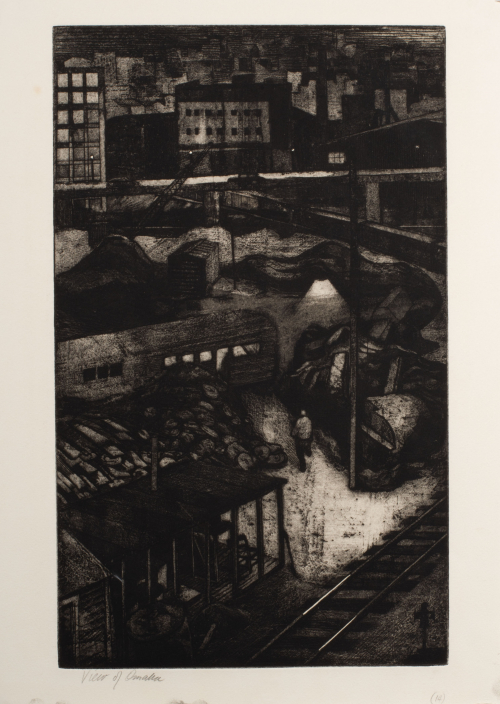 A black / white granulated triptych depicting a trainyard with spooky lighting; left panel of the triptych.