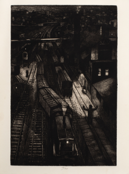 A black / white granulated triptych depicting a trainyard with hazy lighting.  Central panel of the triptych.