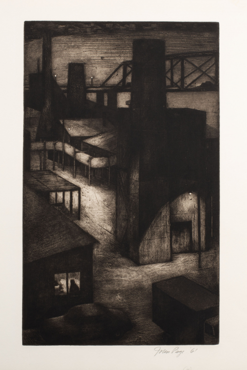 A black / white granulated triptych depicting a trainyard with spooky lighting.  Right panel of the triptych.