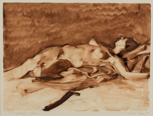 Nude woman, outstretched, lying on her back with arms extending to the right of the picture plane and legs to the left