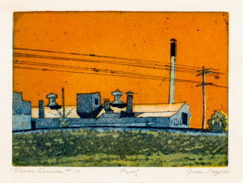  image featuring a factory at the crest of a hill with a tall smokestack and telephone lines running left to right 