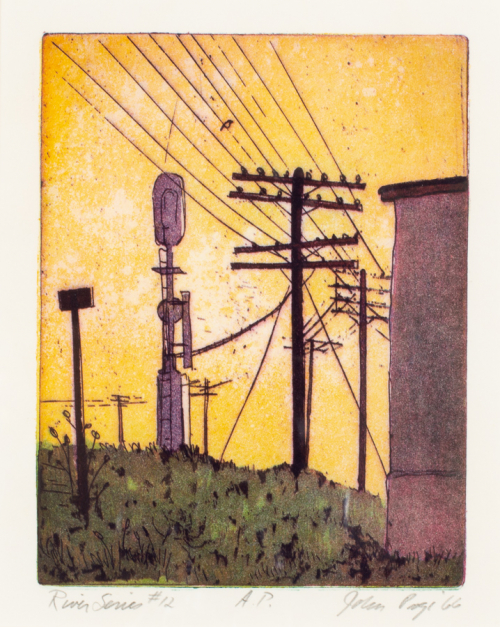 telephone poles and lines silhouetted against a yellow sky with the edge of a small building at right, dark green foliage lower 