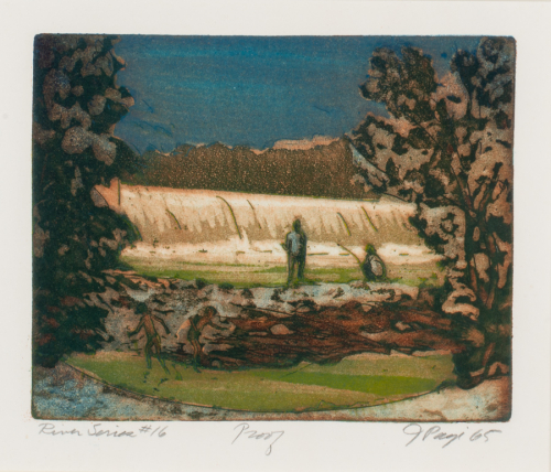 view of a falls or dam with a deep blue sky, two fisherman in the middle ground, and two naked children playing in green water