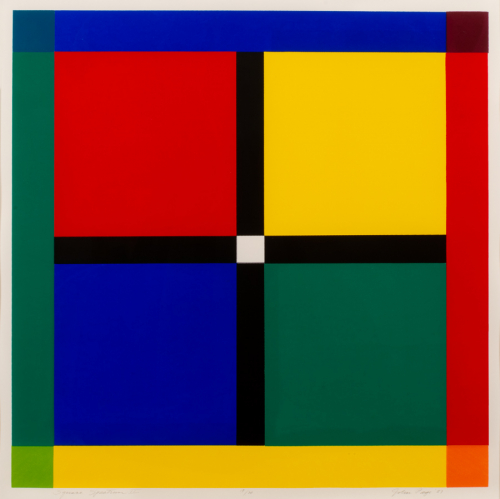 A bisected square creating 4 squares, each one different color. Colors include yellow, blue, red, green, and black