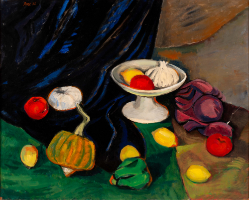 Abstract painting of brightly colored vegetables; blue, green and gray background