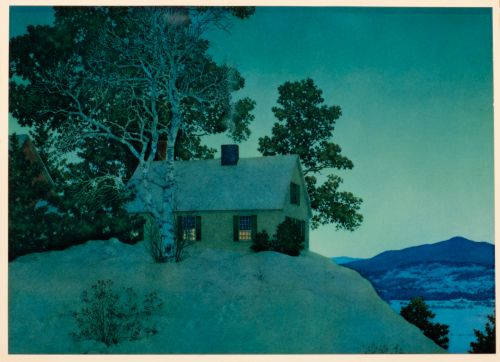 Image of a snow-covered house on a precipice with mountains in the distance, blue-green over-tone