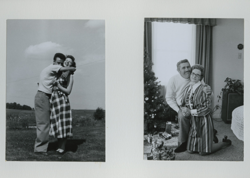 Two black and white photographs: left of a young couple and right, of an older couple