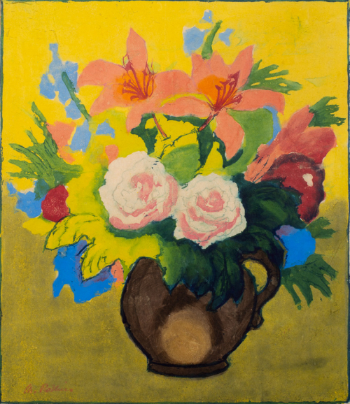 brown vase with colorful flowers of orange tiger lilies, pink roses, blue, and red flowers. Green and yellow background.