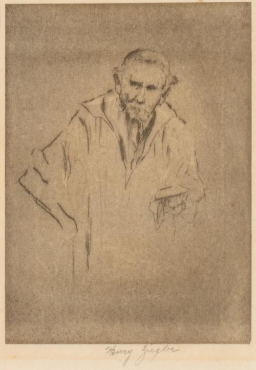 An older bearded man slightly bent, wearing coat and looking down to the left.  He is holding something in his left hand.