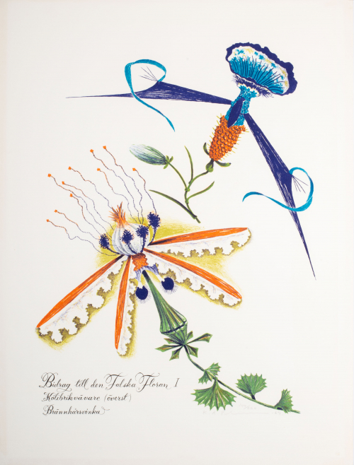 Floral representation (orange, green, blue and purple); title in lower left corner, signed and numbered by artist