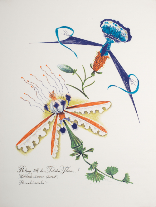 Floral representation (orange, green, blue and purple); title in lower left corner; signed and numbered by artist