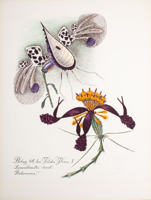 Floral representation (purple, golden, green, black, white); title in lower left corner; signed and numbered by artist