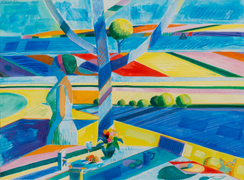 Very colorful piece with a woman standing looking out on a porch over yellow fields with food set out on a picnic table 