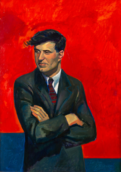 Brilliant red background with 3/4 portrait of a man in a suit, from waist up, with his arms crossed