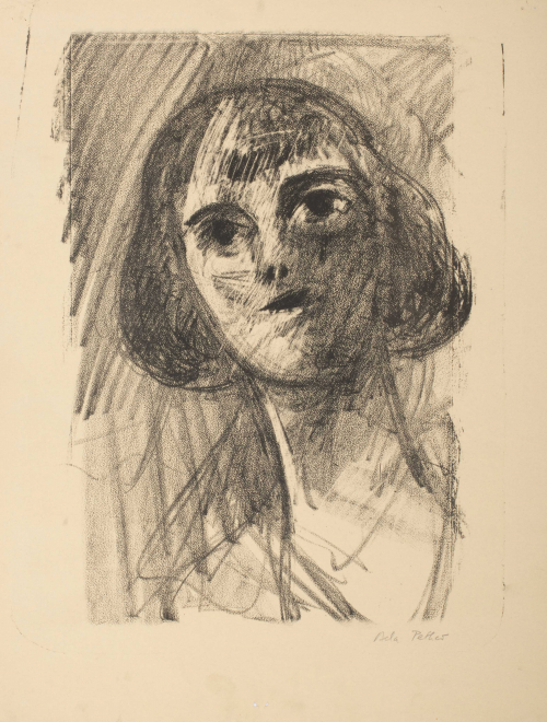 Portrait a female from the shoulders up. The composition is notable for the figure's elongated neck and bobbed haircut.