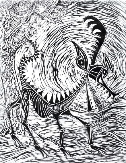 Black ink on white paper, a spiky beast on four legs with a large frill on its head and an aureole about its head.