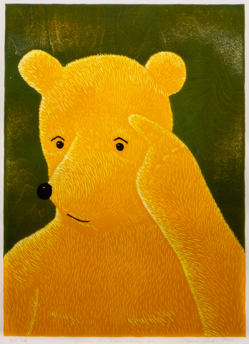 Image of the bust of a yellow bear with a deep green background