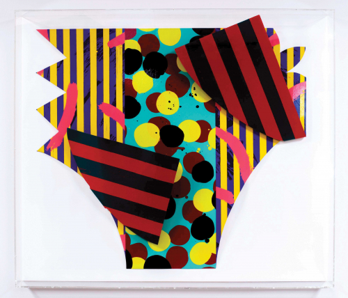 3-dimensional print sculpture in a plexiglass case. composition is an inverted triangle with bold stripes, circles, brushmarks