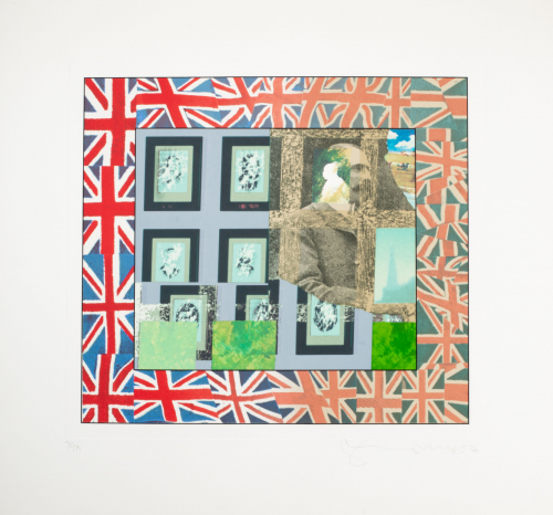 Outer square / border of British flags. Inner square has different images juxtaposed. Image of a man with mustache.