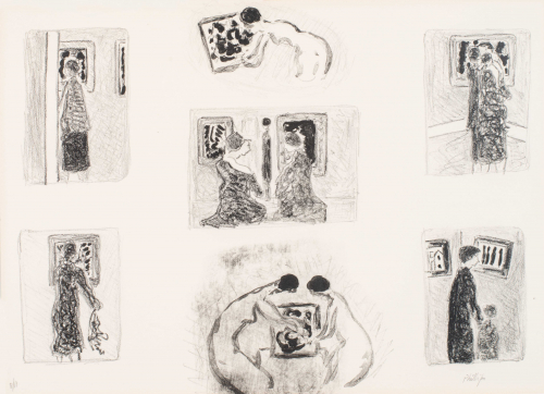 Black and white, three columns of rectangles.  Each section depicts a woman standing in an interior space, in front of paintings