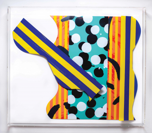 3-dimensional print composition with bold stripes, circles, and brushstrokes