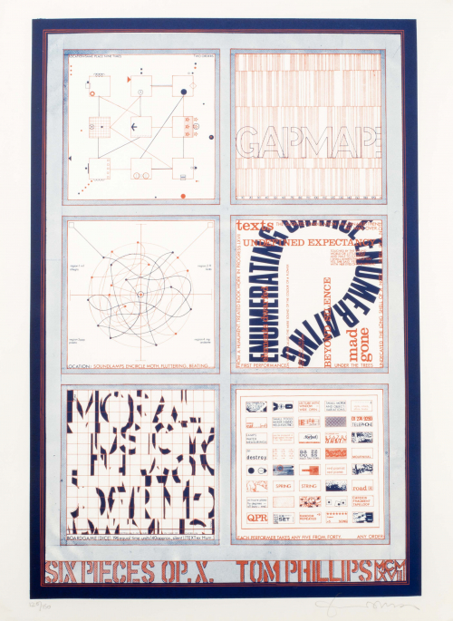 Six squares, each with some kind of map, location, board game; title and artist's name printed at bottom