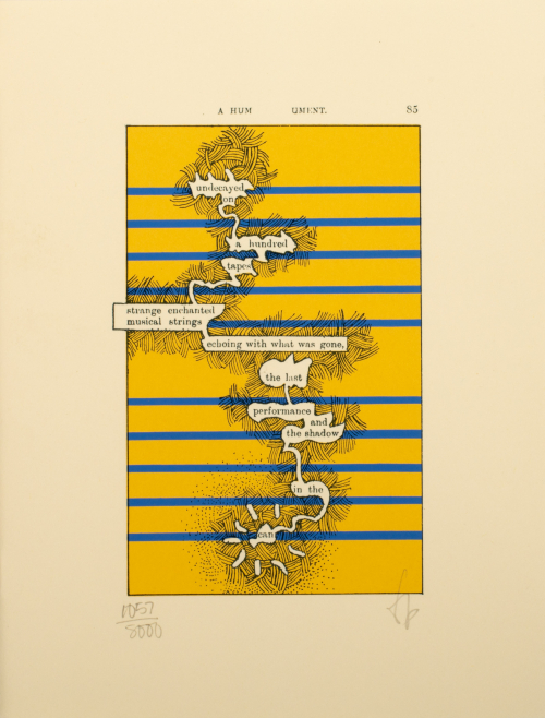 Yellow background with blue horizontal stripes; words in conversation bubbles connected to each other