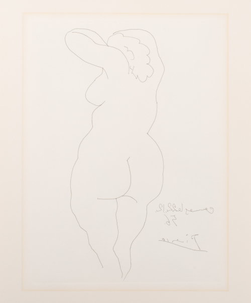 A contour line image of a nude female figure viewed from behind with bent arms that are partially raised to shoulder level.
