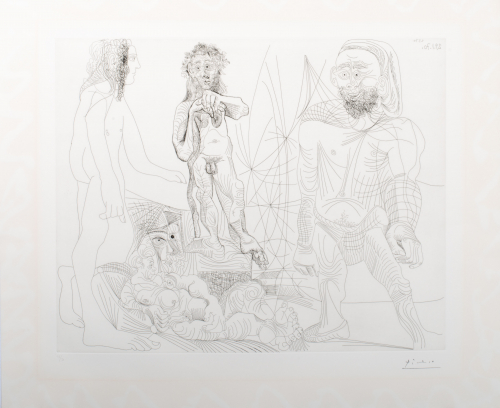 Drawing of three nude men and a nude reclining woman.  The woman is positioned lower in the print and disappears into the space 