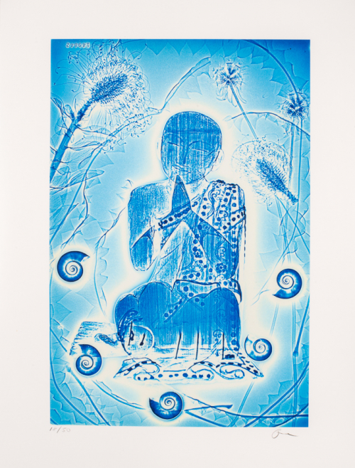 Blue image of a praying Buddha surrounded by shells, flowers, and leaves on long stalks.