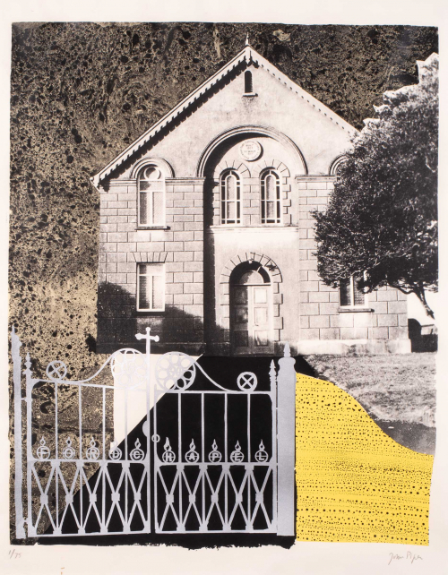 grey fence with words at front lower part; lower left a flat yellow form with black dot pattern, top black and white church