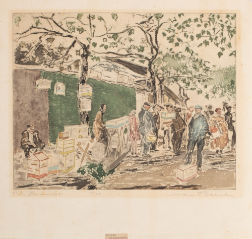 Loosely rendered print of a Parisian street with vendors selling birds and birdcages