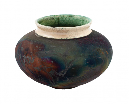 raku-fired pot with dark iridescent body, white neck (exterior), and green neck (interior)