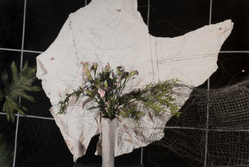 bouquet of flowers in lower center paper-like structure behind, black background with silver grid and silver netting in bottom