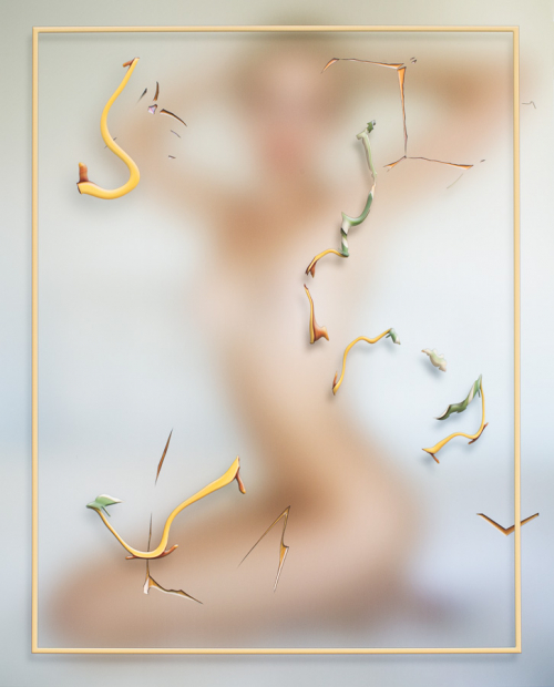 a kneeling nude female with arms raised behind her head blurred in background behind swirling, sometimes jagged, linear forms