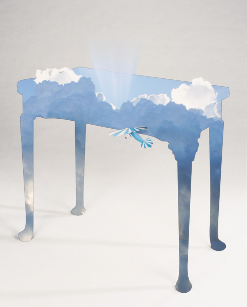 table contour, within the outline is a cloudy blue sky emitting a light, a tiny blue airplane flying toward table