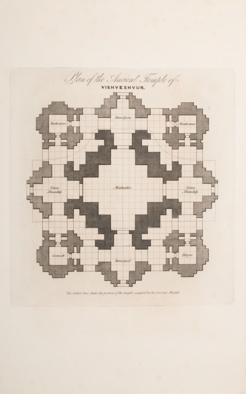 Gridded plan for temple; central area with eight surrounding sections; all labels, title printed at top