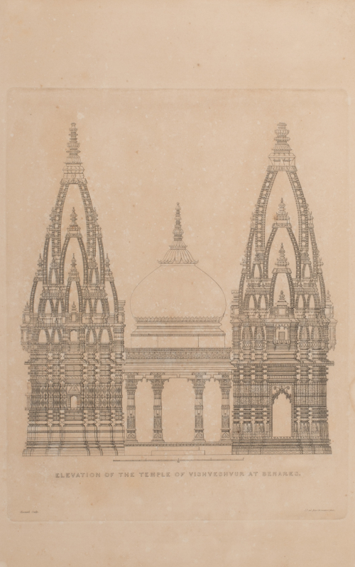 Elevation plan of temple; dome in center; towers / raised structures on either side; title printed below