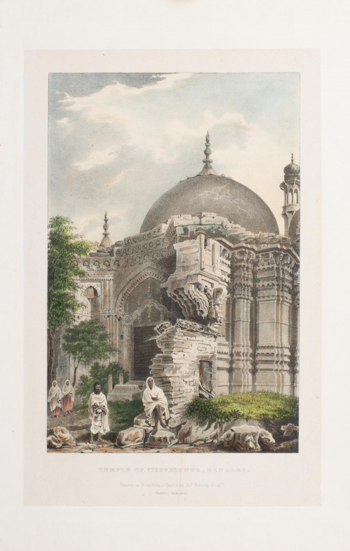 Ruins of a stone temple; dome / mosque in background; people in robes in front of the building; title and artist at bottom