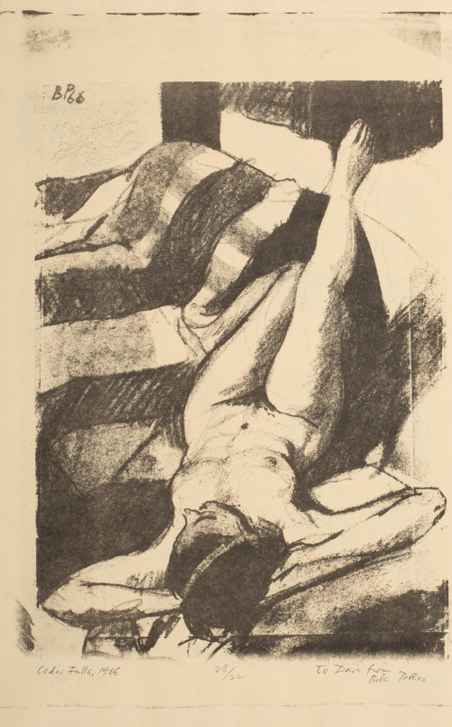 An image of a reclining nude female on a striped sofa.