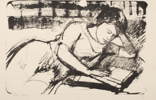 An image of a reclining female figure reading a book.