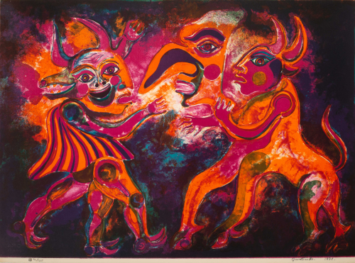 Two devilish creatures wearing folk / carnival masks; figures are bright orange and magenta with a dark background