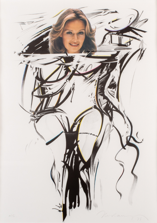 Portrait of a woman: head is from photograph--a young blond woman from the neck down is nude and drawn with gestural strokes