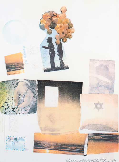 print-collage; bottom right red/orange sunset over water, above is a pink bald eagle, on left two people with balloons and other