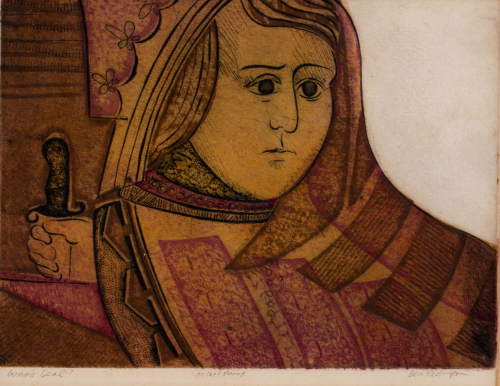 Magenta, umber and brown print of a person in a hooded, decorative cloak, holding a knife