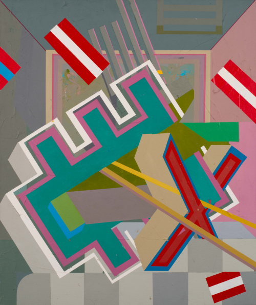 1984.020.1 is the left work and has mostly gray-blue background, with interlocking teal, pink, white a red shapes